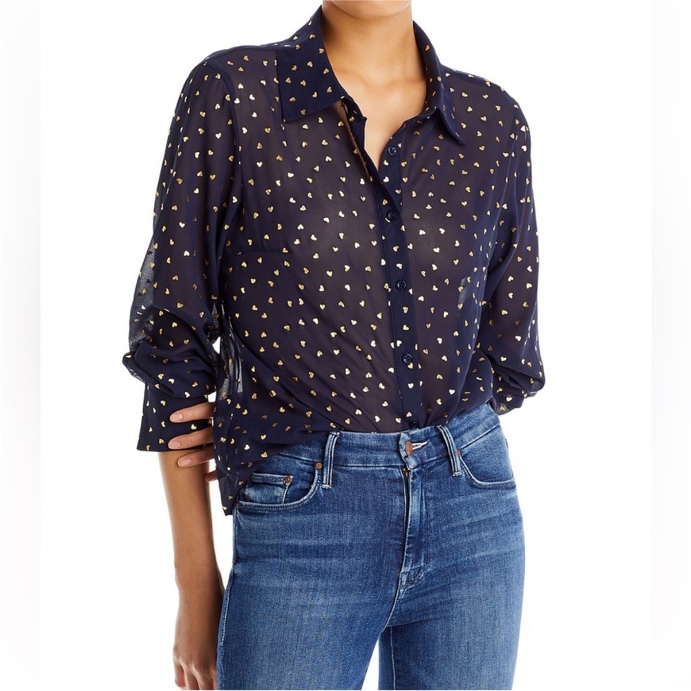 Aqua Navy Button Down Sheet Long-sleeve Shirt with Gold Foil Heart Print